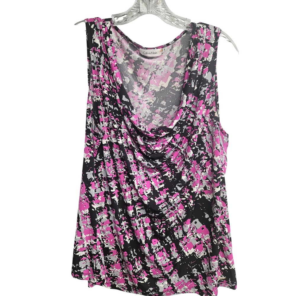 Calvin Klein Pink Black Abstract Splatter Cowl Neck Sleeveless Top Womens L